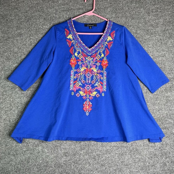 Calessa Tops - Calessa Embroidered Tunic Top Women Small Blue Boho 3/4 Sleeve